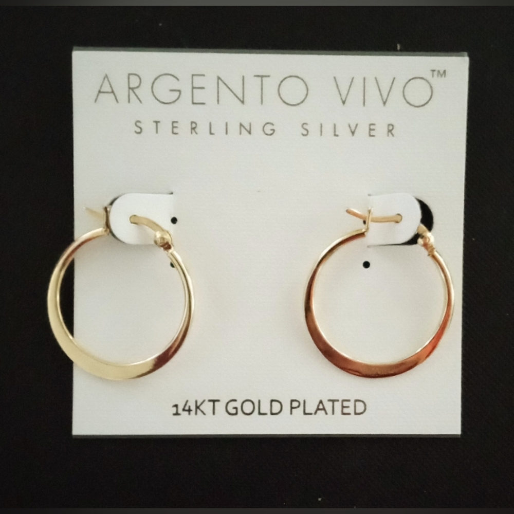 Earrings Sterling Silver 14K Gold Plated 'Argento Vivo' Hoops - Picture 9 of 10